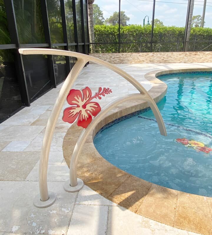 White Ivory Artistic Pool Rail with Lolipop Red Flower Close up White Ivory Artistic Pool Rail with Lolipop Red Flower Close up